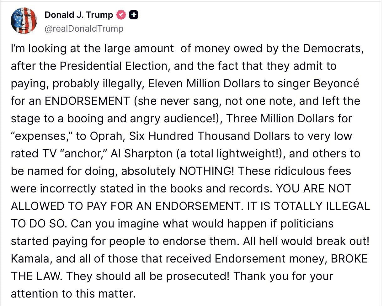 Donald Trump's post on Truth Social (Image credits: Truth Social/@realDonaldTrump)